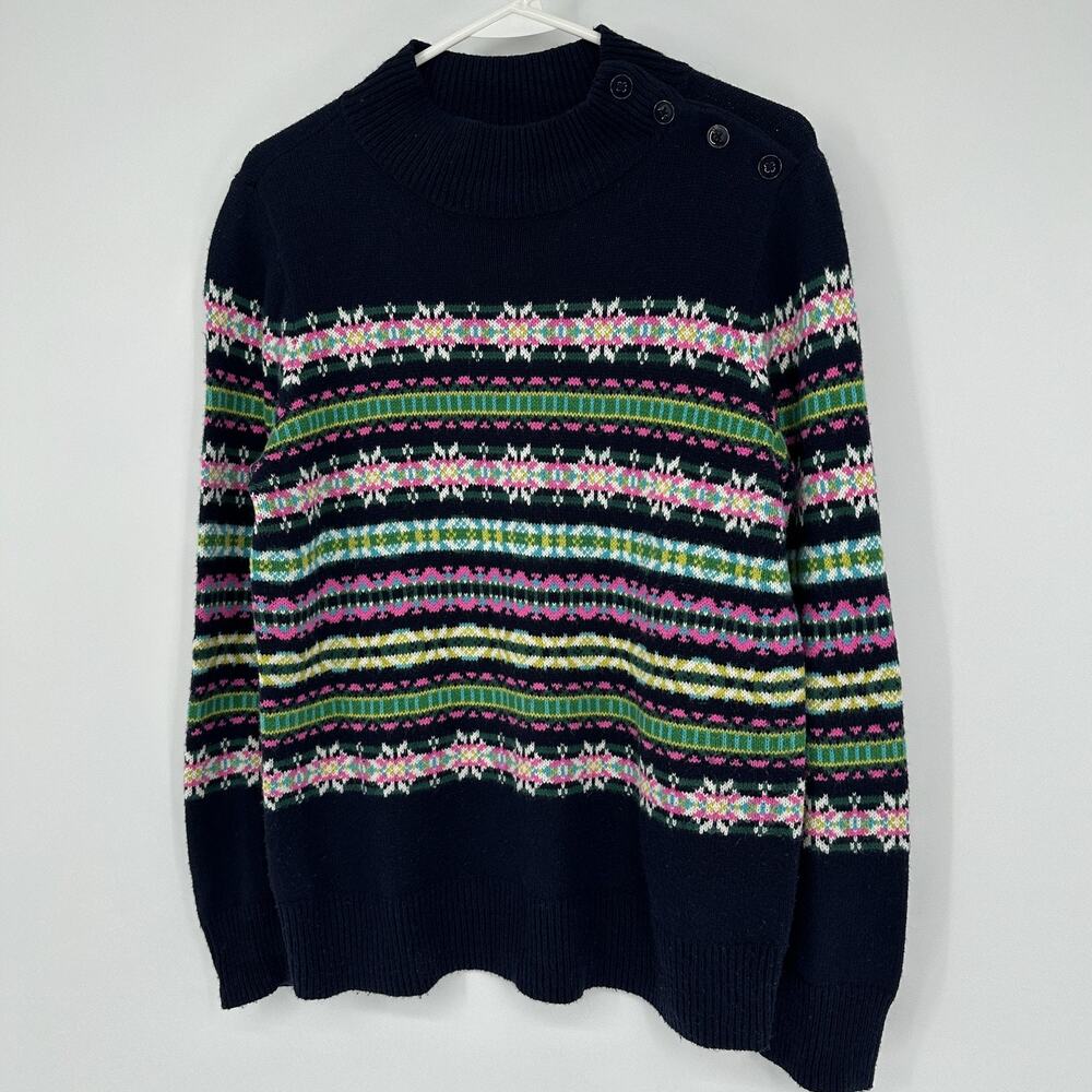 Talbots Sweater Womens Small Navy Fair Isle Mock Neck Button Shoulder Pullover - Picture 5 of 10